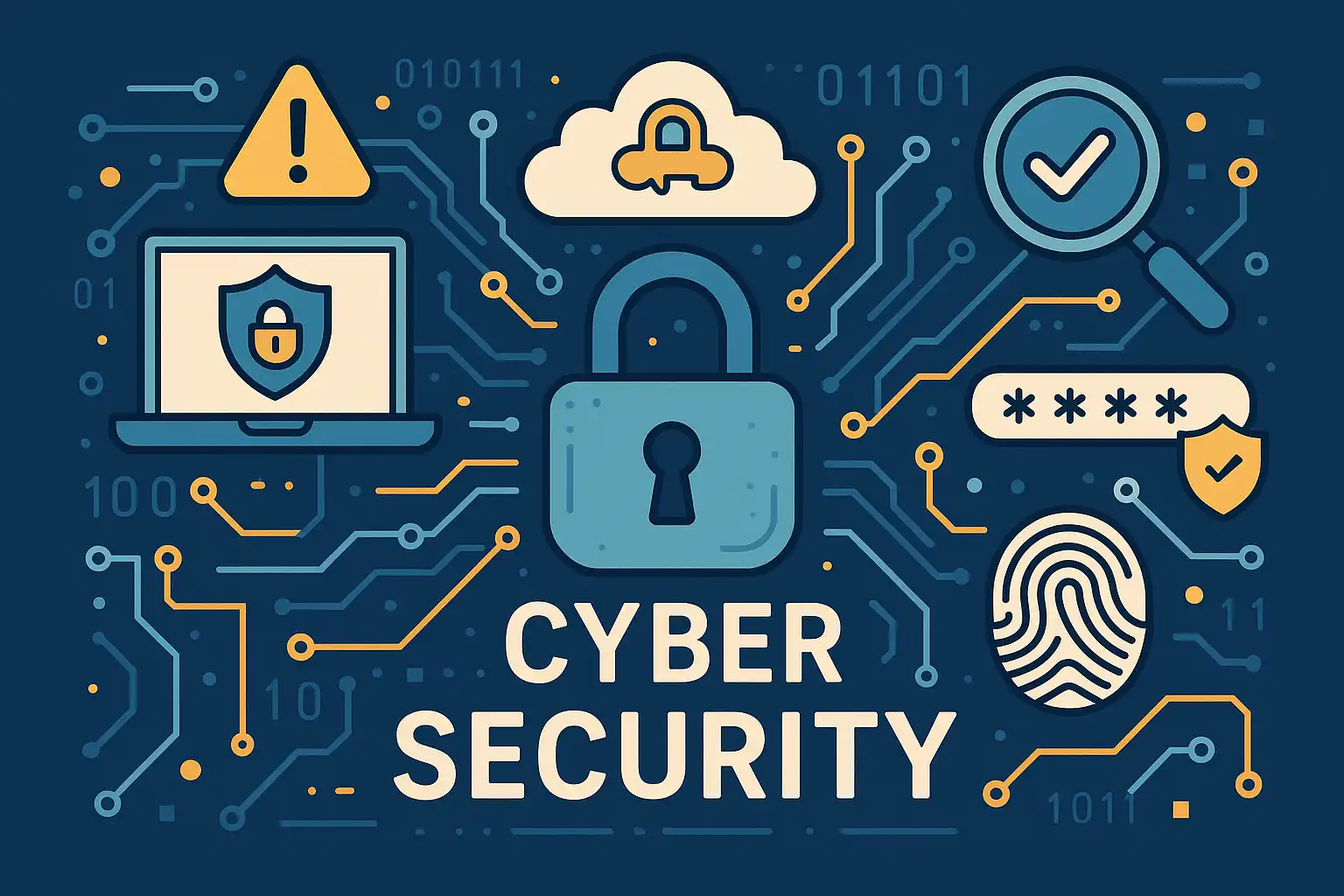 The words "Cyber Security" surrounded by related icons and images.