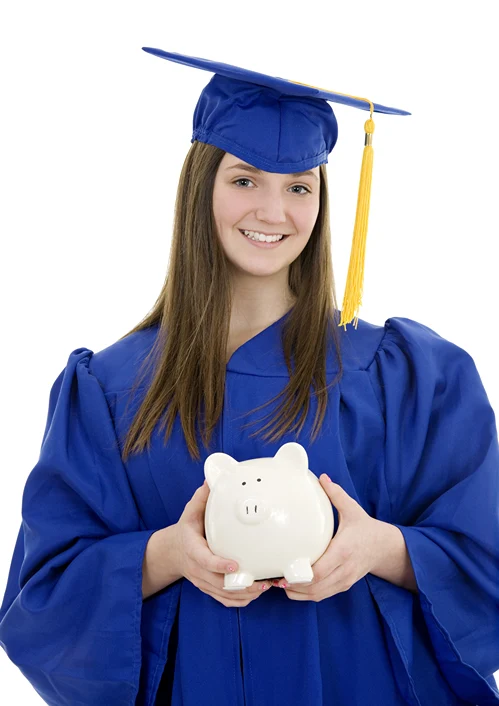 A smiling young woman in a blue graduation cap and gown holding a white piggy bank, symbolizing they are planning for university.