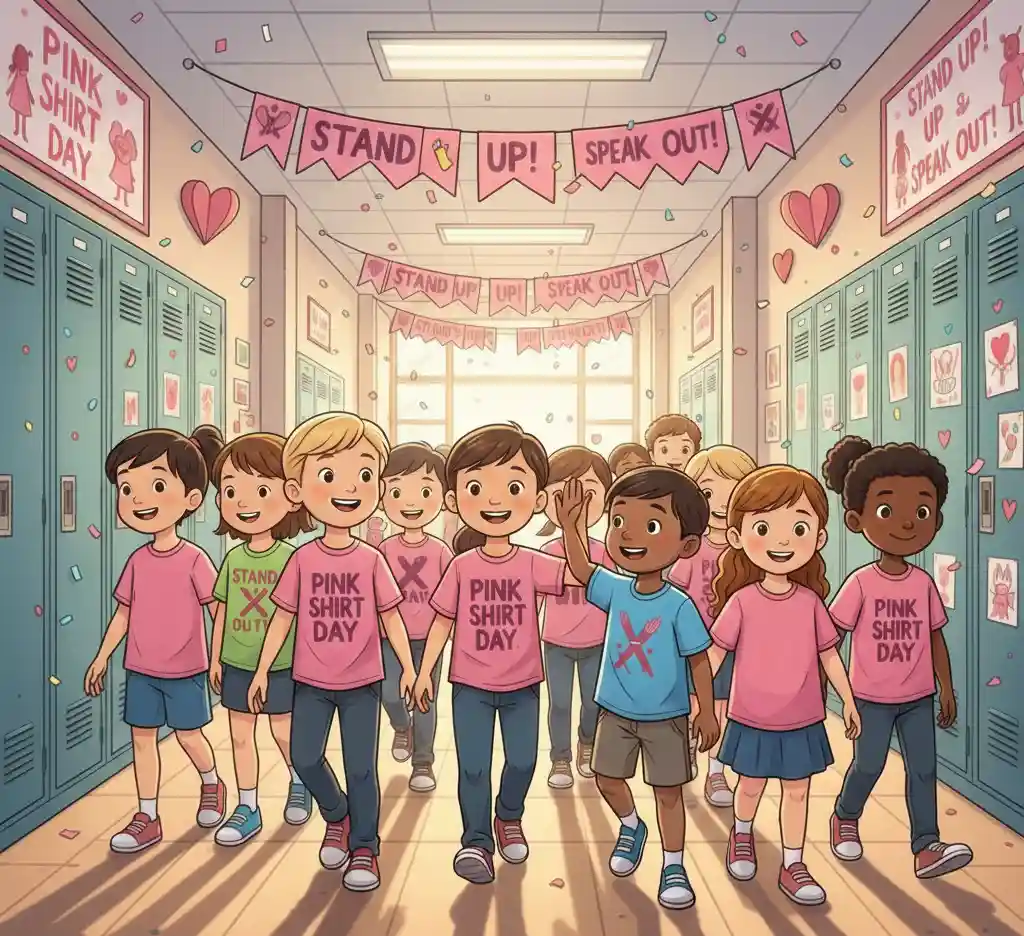 Kids walking down a school hallway wearing pink t-shirts on Anti-Bullying Day.