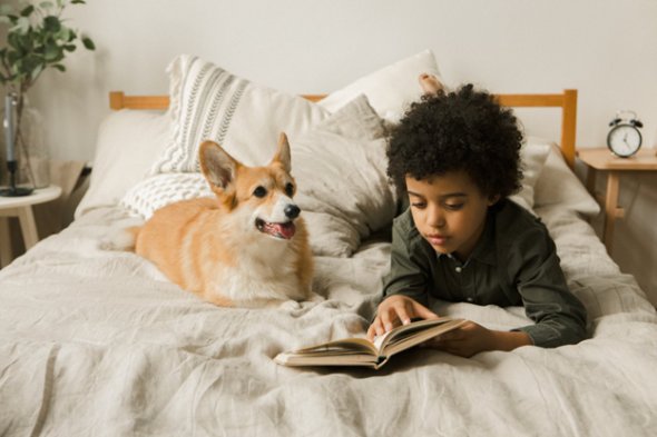 Boy Reading to Dog