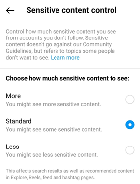 Settings for Instagram Sensitive Content and Family Center