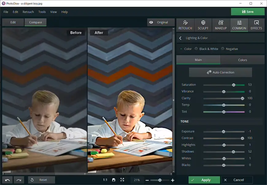 Screenshot of photo program with split screen of boy working at a table.