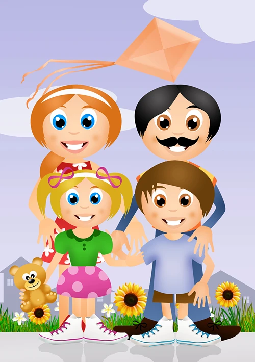 Colorful drawing of happy family.