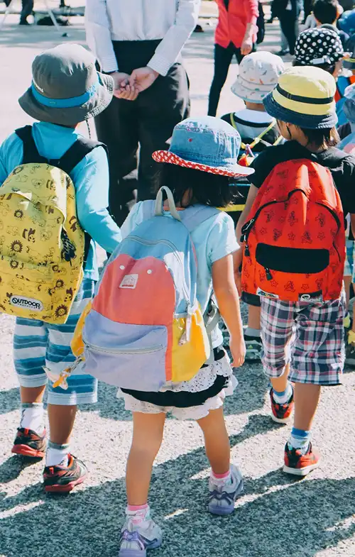 Kids with backpacks walking to school.