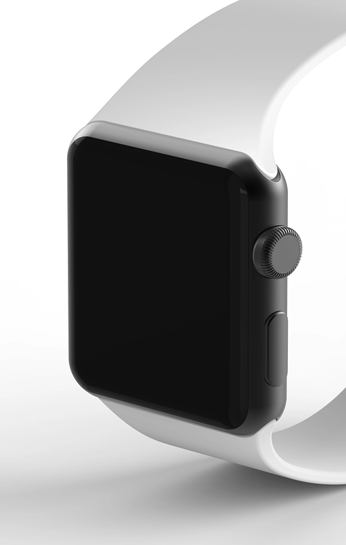 An Apple Watch with white band against white back drop.