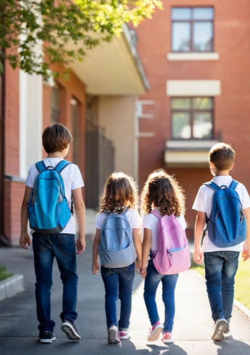 A look from behind as kids with back packs walking to a school.