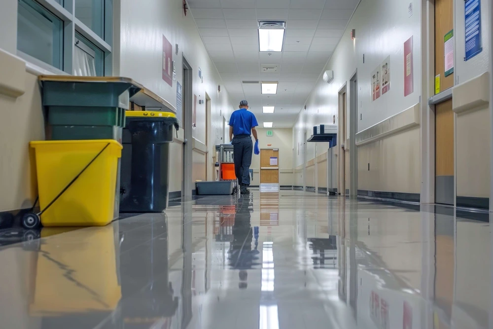 A janitor walks down to the end of a school hallway.