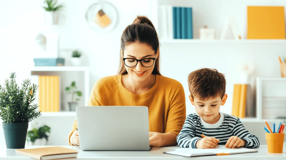 Mom works at a computer at the kitchen table as her son writes in a book next to her.