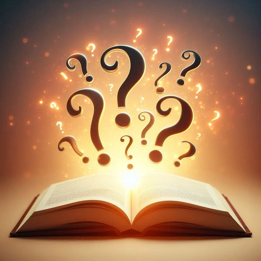 A number of question marks rise out out of a glowing open book.