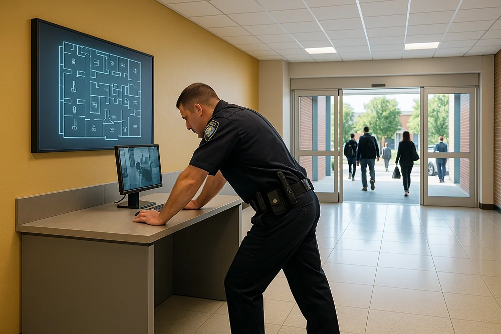 A school security guard leans on a desk and looks down at a computer. 