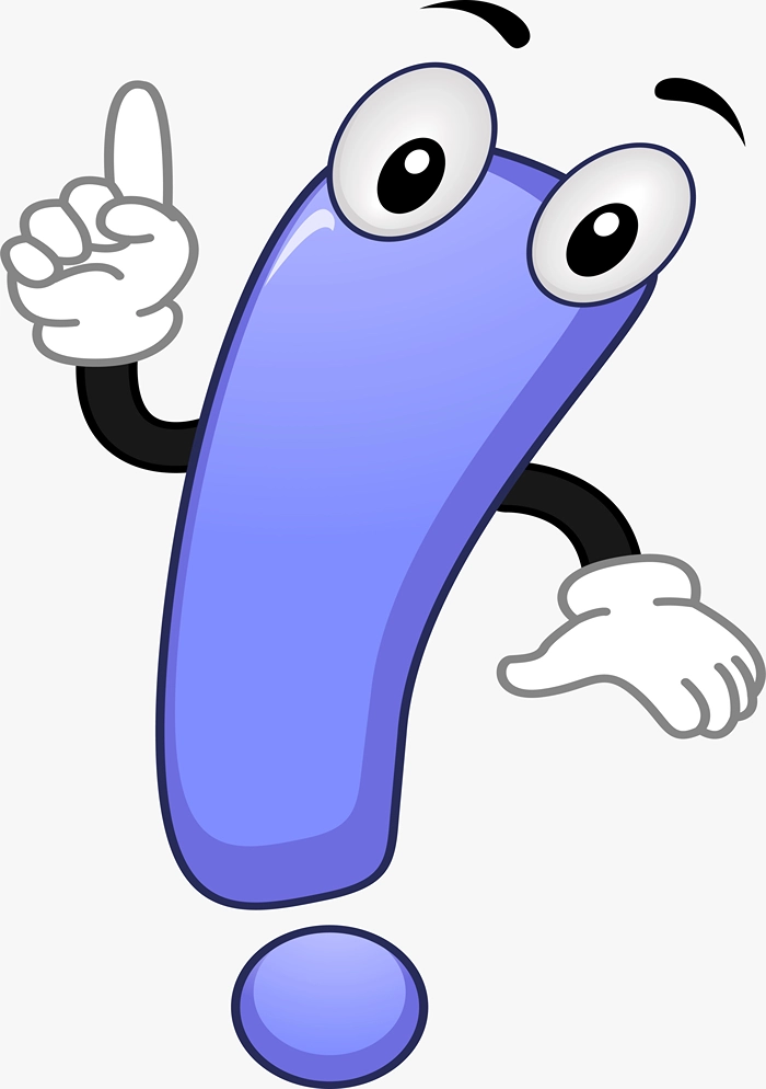 A cartoon exclamation point with eyes and hands points up with a finger.