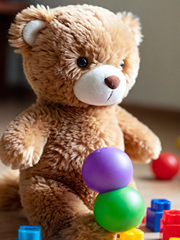 A soft teddy bear is playing with his hard baby toys.