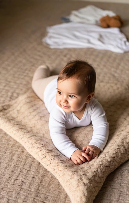Smiling baby laying on his tummy on a blanket.