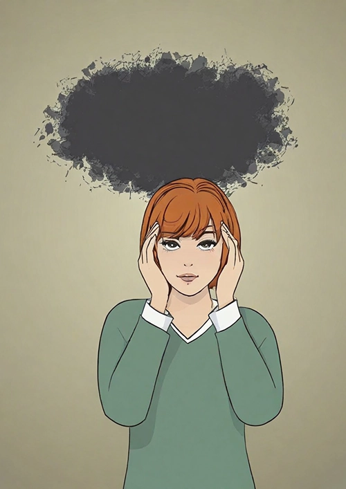 Women holds her temples as a dark thought cloud forms over her head.