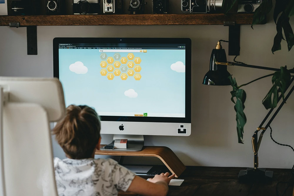Computer screen shows a game that little boy is playing.