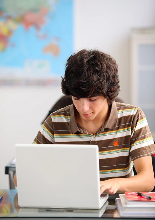 Male student sits at a desk using laptop.