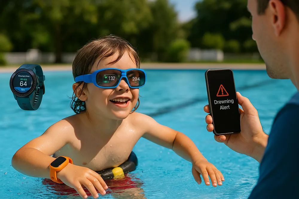 Boy wearing high tech glasses while swimming as parent uses cell phone app.