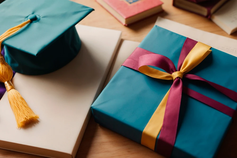 A grad gift wrapped in same color as grad hat.