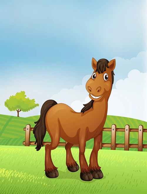 A colorful drawing of a horse in a field.