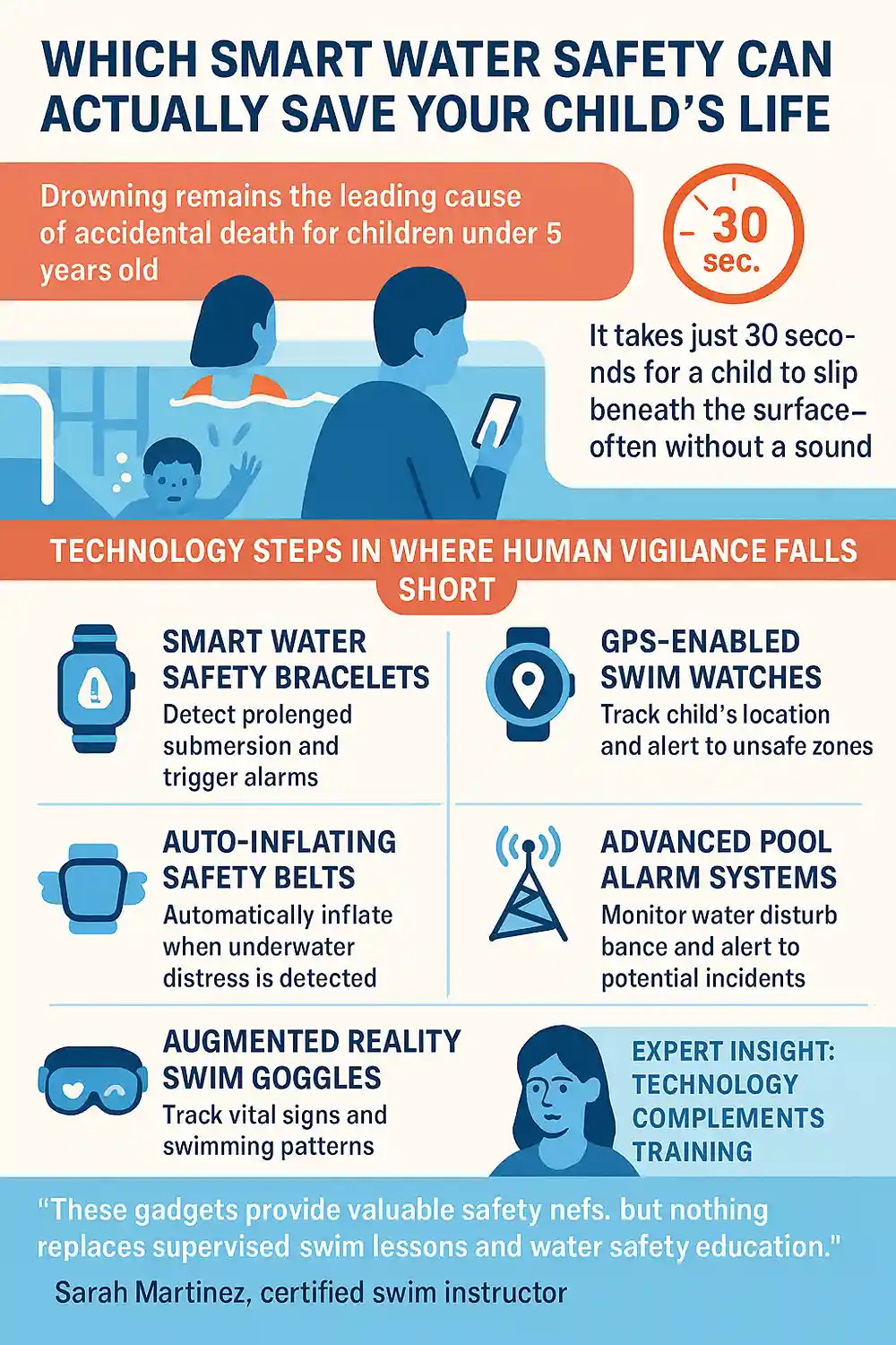 Smart water safety devices shown related to drowning prevention.