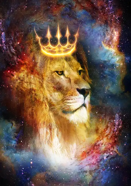 A lion with a crown surrounded by the universe.
