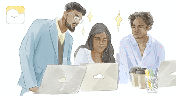 Two men and a woman searching online together with laptops.