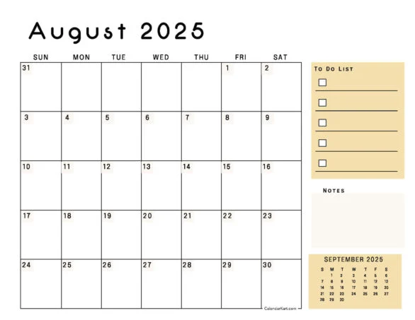 Organizational calendar for the month of August.