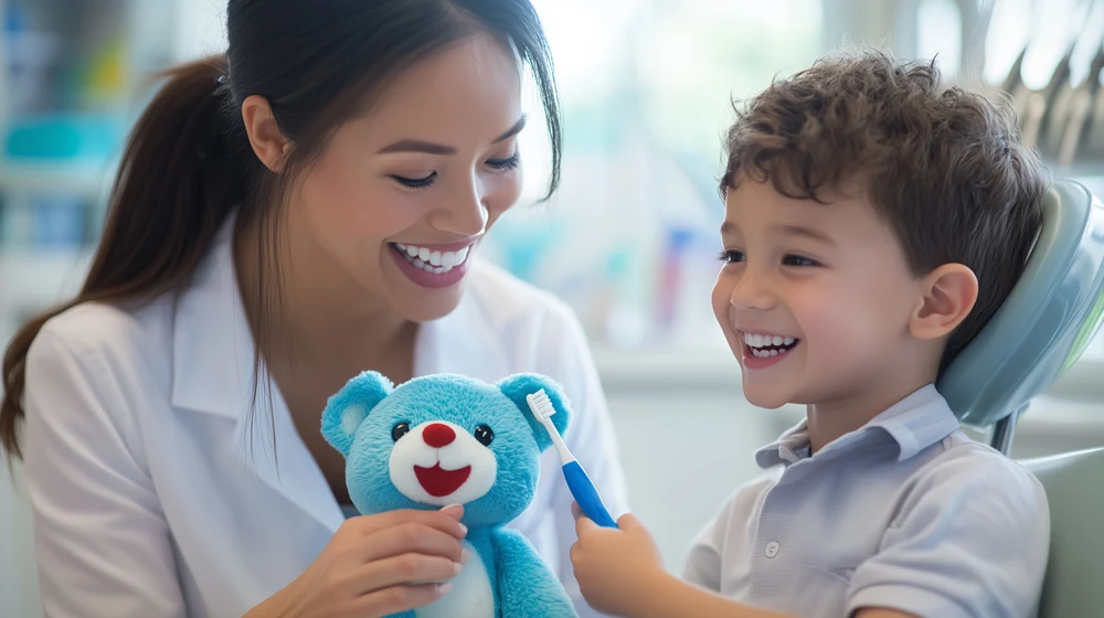 A female dentist gives toothbrush and teddy bear to little boy.