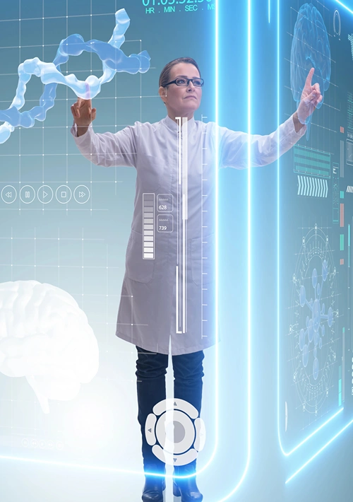 A female doctor in white lab coat touches hi-tech icons floating around her.