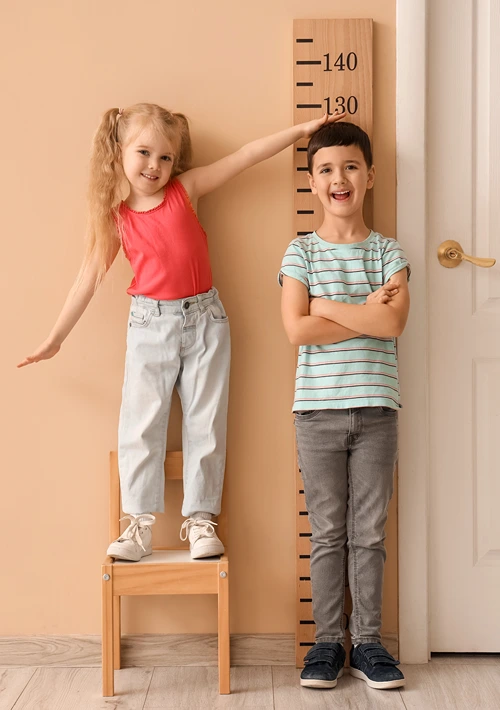 A boy stands in front of a oversized ruler as sister measures him.