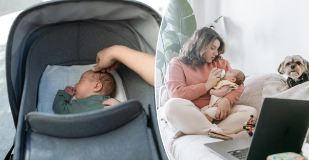Mom holds her baby on sofa while the family dog watches.