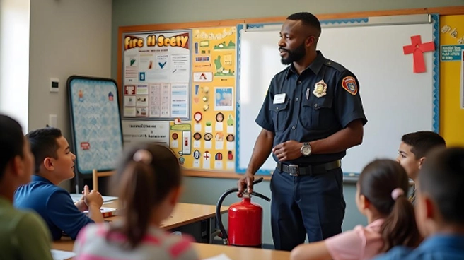 A fireman holds a fire extinguisher in front of a classroom. 