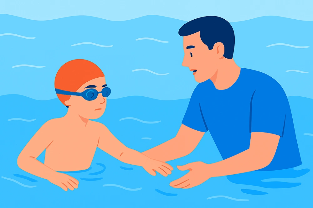 A man teaching a boy how to swim.