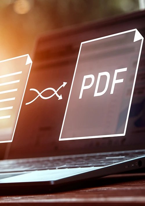 Floating PDF icon security displayed over laptop.