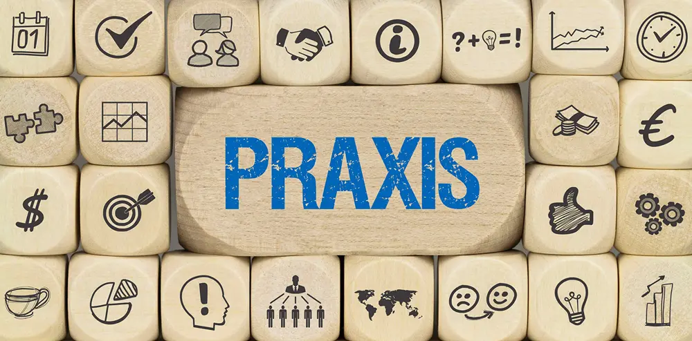 Praxis name shown using wooden blocks.