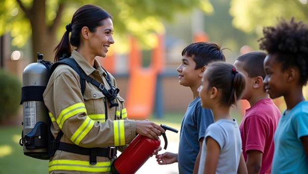 A female firefighter talking to kids outside of a school.