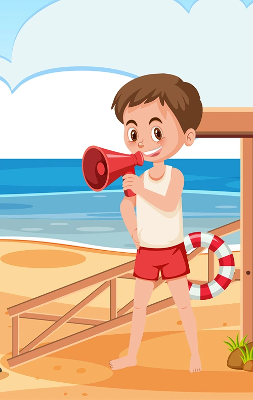 An illustration of a lifeguard on a beach speaking into a megaphone.