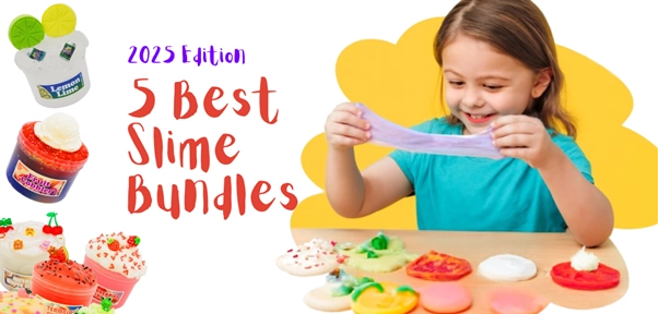 A little girl with a big smile plays with slime.