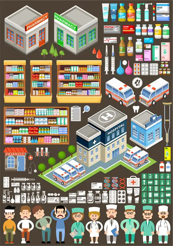 A colorful illustration shows a montage of medical career fields.