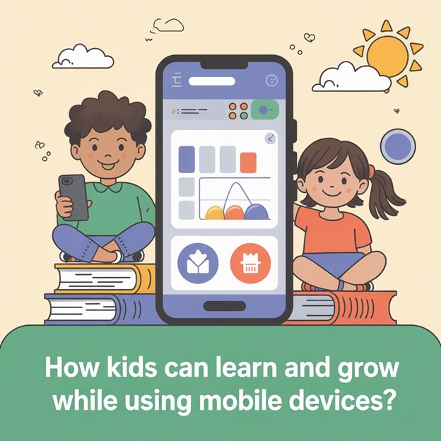 Illustration of a girl and a boy sitting beside a life size smartphone.