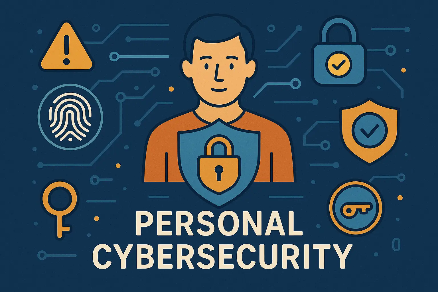 Illustration of cybersecurity icons around a person.