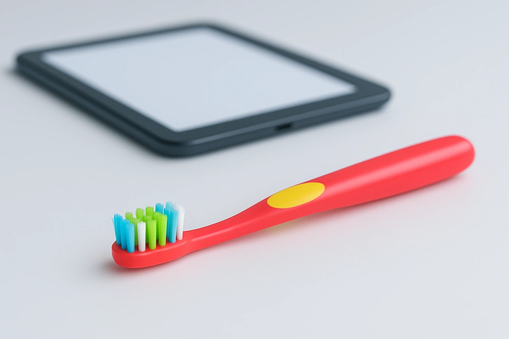 A toothbrush lays on a table with a tablet in the background.
