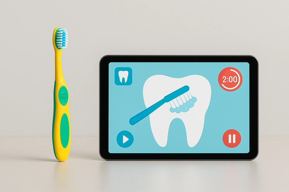A toothbrush stands by a tablet with a tooth on the screen.