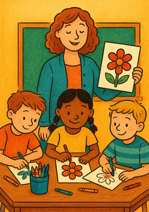 A teacher holds up a coloring page in her classroom as students color on a table.