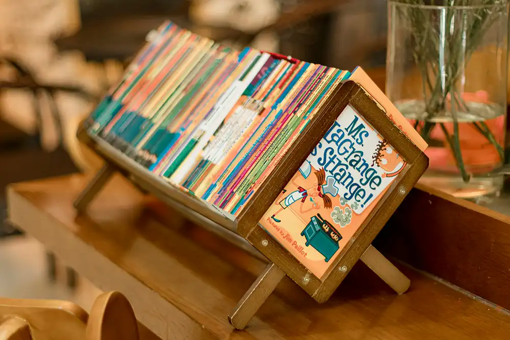 Display of kids books in a rack.