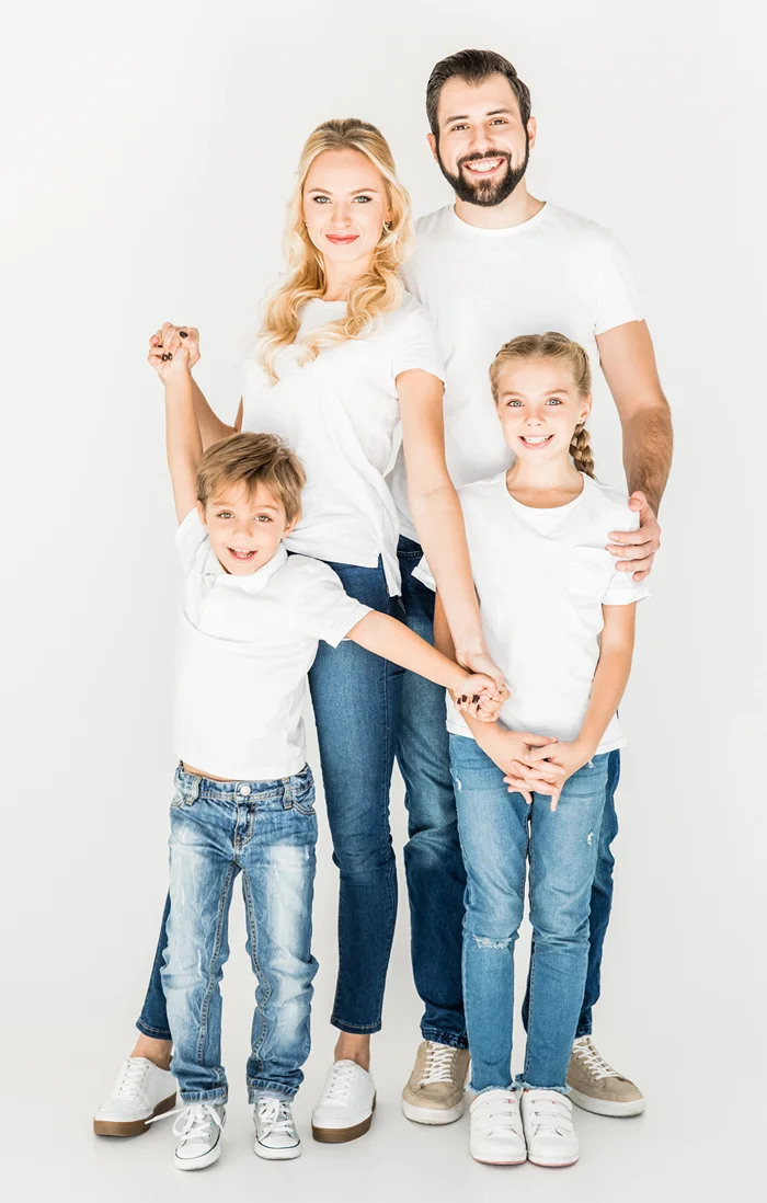 Family group shot showing of their blank white t-shirts.