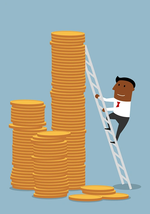 Man climbs a ladder on a stack of coins.