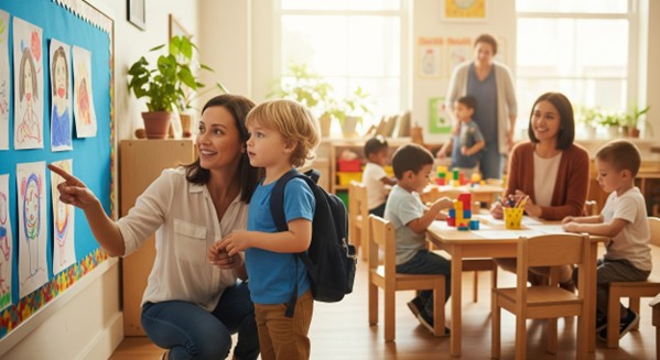 A teacher and mom's in an pre-school classroom.