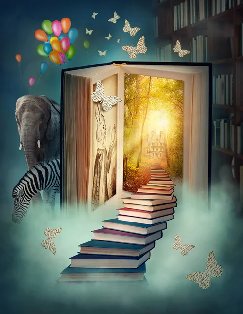 Illustration of a magical stairway into a book.