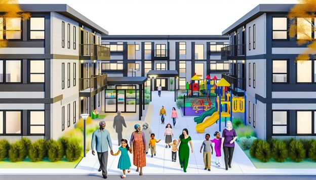 Illustration of people walking out of an apartment building.